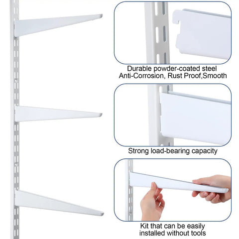 Twin Rail Upright Wall Shelving System Kit 47.5 Inch With 6 Shelf Brackets 14.5 Inch Heavy Duty Adjustable Go To Metal Storage Rack For Kitchen Closet Home Indoor White, white steel brackets