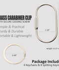 Solid Brass Carabiner Keychain Clip With Screw Lock Built To Last Rugged Key Organizer, includes keychains and rings, dimensions shown.