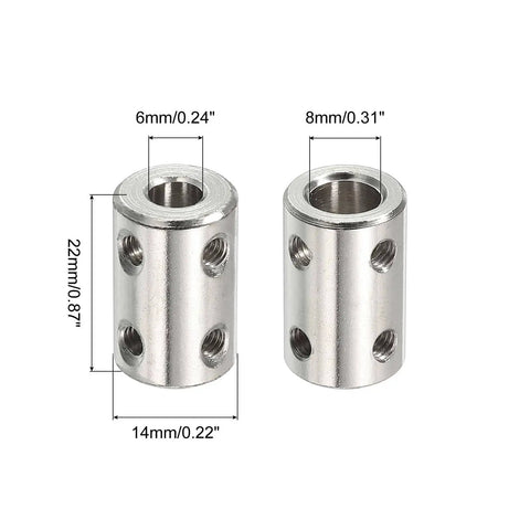Stainless Steel Shaft Coupler Connector L22 X D14 6mm To 8mm Bore Rigid Coupling With Screw For 3D Printers Diy Projects Motors And Fully Threaded Rods Silver 4 Pack angled view showing dimensions