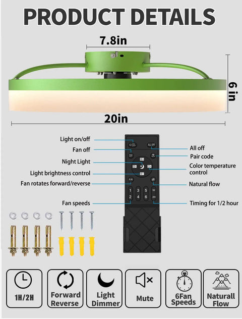 Super Quiet Modern Ceiling Fan With Dimmable LED Lights Remote Control Timing And Reversible Blades Green Finish details