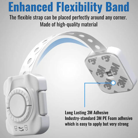 Close-up of 4 Pack Child Safety Locks with flexible band and 3M adhesive, showing easy no drill installation features.