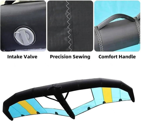 Inflatable Windsurf Wing For Handheld Wing Foil Surfing And Water Play With Clear Visibility Window Durable Wear Resistant Polyester And TPU Coating 6m³ Lift showing intake valve, sewing, and handle