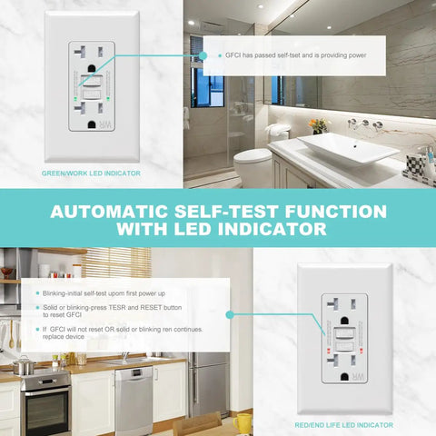 20 Amp GFCI Outdoor Outlet With Self Test, Weather Resistant Receptacle, LED Indicator, 125 Volt, Screwless Wallplate Included, ETL Listed, White, Pack Of 10, showing automatic self-test function and LED indicators in kitchen and bathroom setups