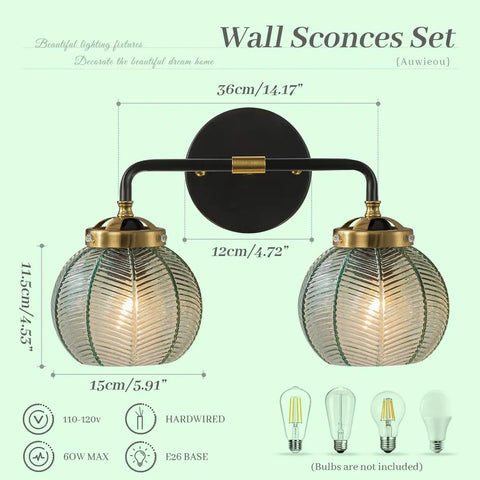 Two Light Black Bathroom Vanity Light With Retro Wall Sconce And Ribbed Green Glass Shades Mid Century Modern Farmhouse Style