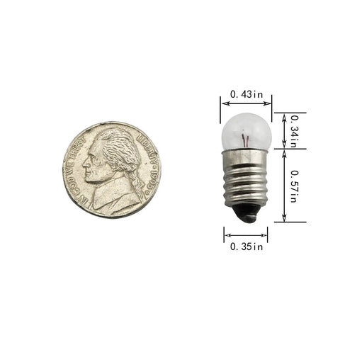 Pack Of Ten Heavy Duty E10 Mini Bulbs Featuring Slick Screw Bases Emitting A Sweet Warm Yellow Ray At 1.5 Volts next to a coin for size comparison.