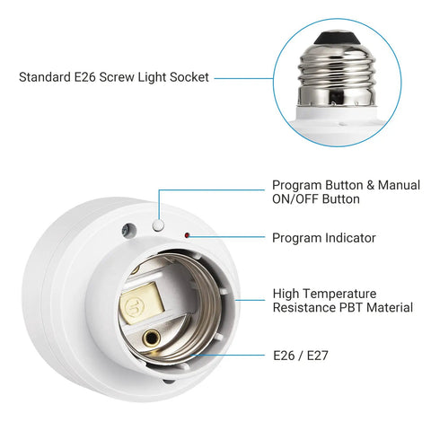 Diagram of Remote Control Light Socket With Wireless Control For Lamps And Fixtures showing E26 screw base and features.