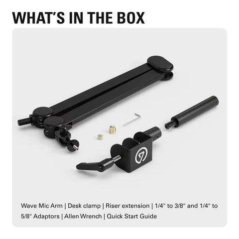 Wave Mic Arm Studio Boom Arm For Streaming And Podcasting With Cable Channels, desk clamp, riser extension, and tools included.