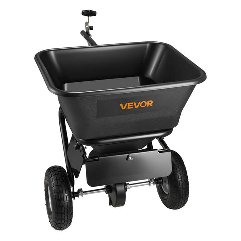 Tow Behind Lawn Spreader for Seed Fertilizer Ice Melt, 9.8 Foot Spreading Width, 85 Lb Hopper, 10 Inch All Terrain Tires, Adjustable Flow Control displayed