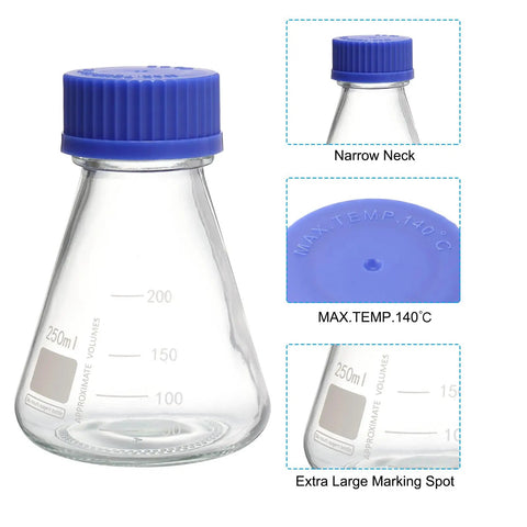 Three Piece Erlenmeyer Flask Set 250ml 500ml 1000ml Narrow Mouth With Screw Cap Borosilicate Glass Flasks With Printed Graduation
