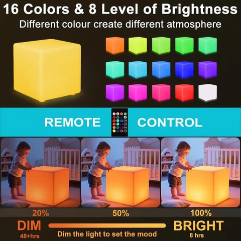 Lit RGB Color Changing LED Cube Seat 14-Inch LED Cube Chair with remote control, display of different brightness and colors.