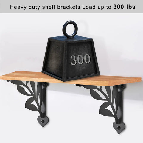 Dang Strong Eight Inch Heavy Duty Shelf Brackets Built Like A Tank Rustic Industrial Wall Mount Brackets With 300 Pound Weight Capacity Double Pack Set holding 300 lbs weight on a wooden shelf.