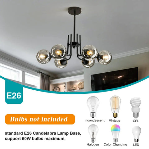 Six Light Glass Globe Sputnik Chandelier Modern Metal Black Ceiling Light Fixture Semi Flush Mount For Living Room