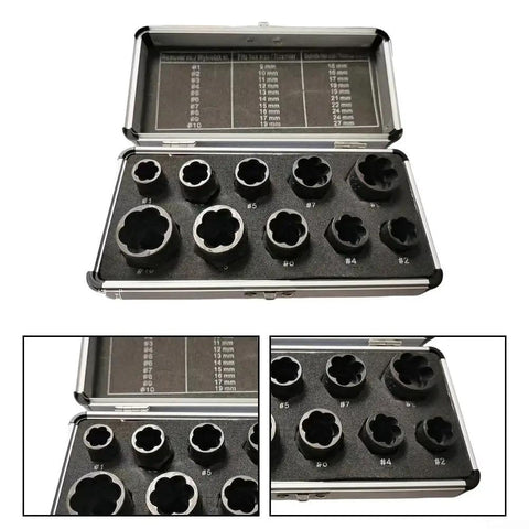 Heavy Duty Steel Bolt Extractor Socket Set 10pc For Gnarly Rusted And Rounded Nuts Fits Standard Ratchets, displayed in case.