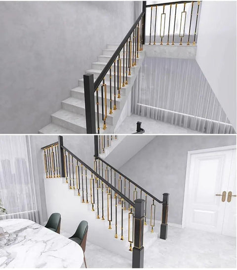 Premium Aluminum Balusters And Hollow Stair Spindles Featuring A Sleek Black And Gold Finish in a modern staircase setting.