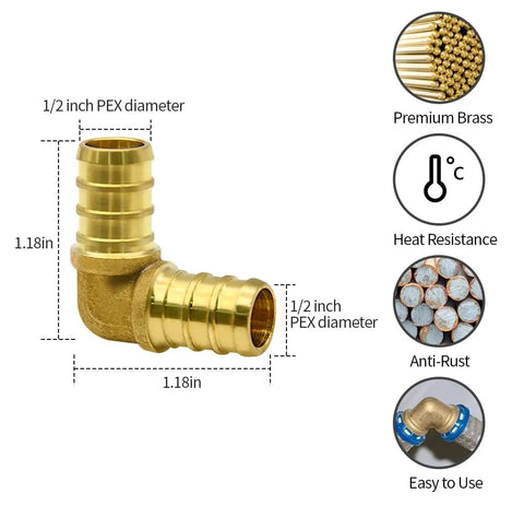 50 Pack Half Inch Brass PEX Elbow Fittings For PEX Tubing, 90 Degree Connectors shown with dimensions and features