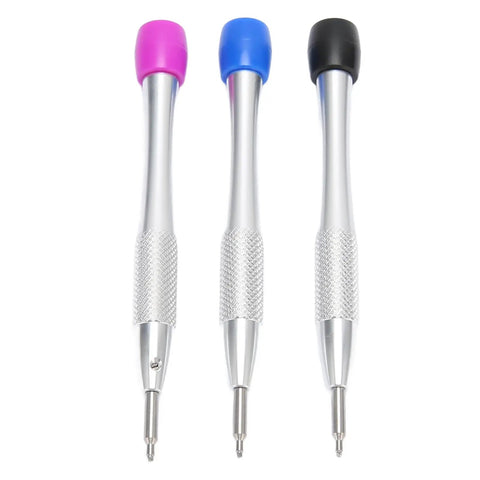 Color Coded Triangular Bit Set For 3235 Watch Movements with stainless steel bits and ergonomic aluminum handles, showing three colors