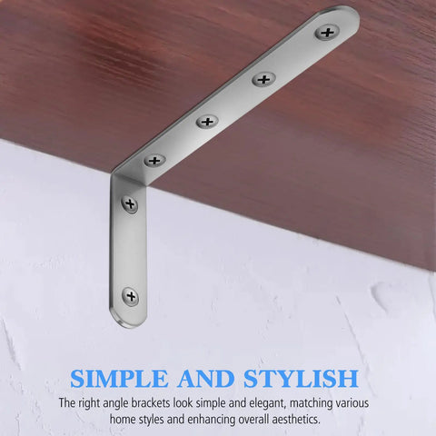 Heavy Duty Stainless Steel L Shaped Shelf Brackets 10 Pack with pre-drilled holes mounted under wood shelf