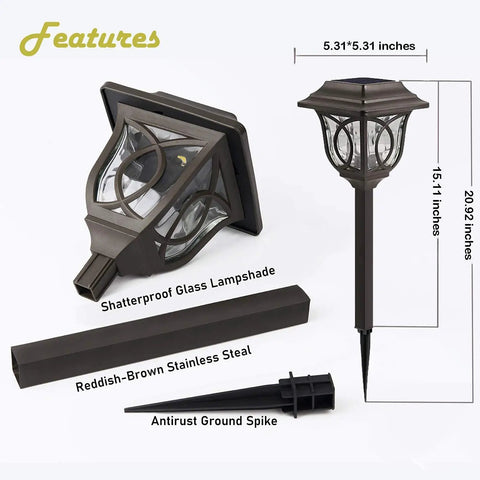 Ultra Bright 25 Lumen Solar Pathway Lights 6 Pack SMD LED Outdoor Waterproof IP65 Auto On Off Glass with dimensions and parts shown