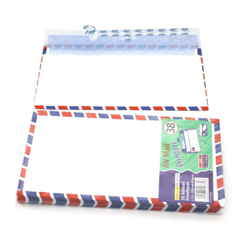 Air Mail Envelopes Bulk Pack 5 10 20 Pieces 115x225mm 4.53x8.86in with aviation stripes, open view showing easy seal feature.