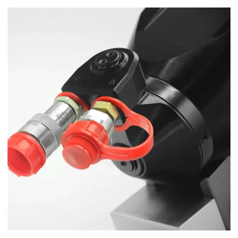 Close-up of hydraulic connections on Heavy Gauge Hydraulic Torque Wrench With Slick Uni Swivel Hose and Rugged Alloy Frame.