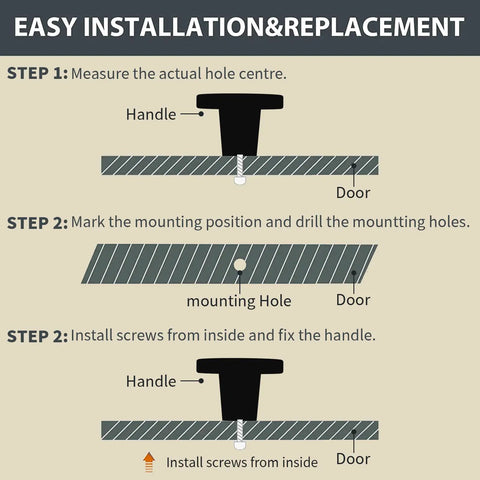 Diagram showing steps to install gold brass drawer knobs on cabinet doors with screws, illustrating handle placement and hole drilling.