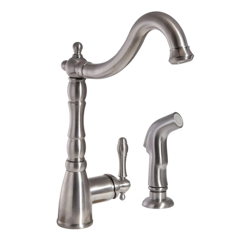 Single Handle Kitchen Faucet With Side Sprayer In Satin Nickel Or Oil Rubbed Bronze Finish, Victorian Style 2 Hole Mount, 1.8 Gpm Flow, Easy Temp Control, Brass Construction Built To Last For Everyday Kitchen Use.