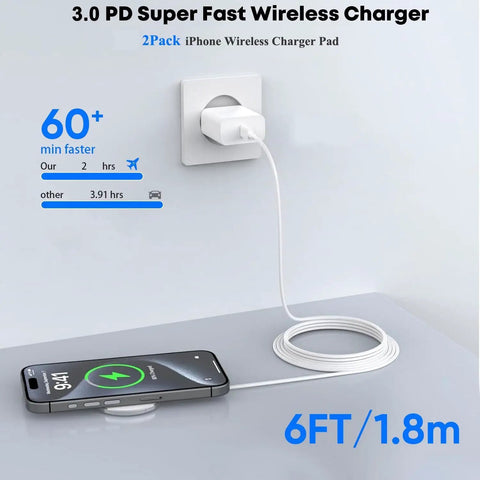 MFi Certified Magnetic Wireless Charger For IPhone 17 16 15 14 Series MagSafe Pad Six Foot 15W Fast Charging setup on desk