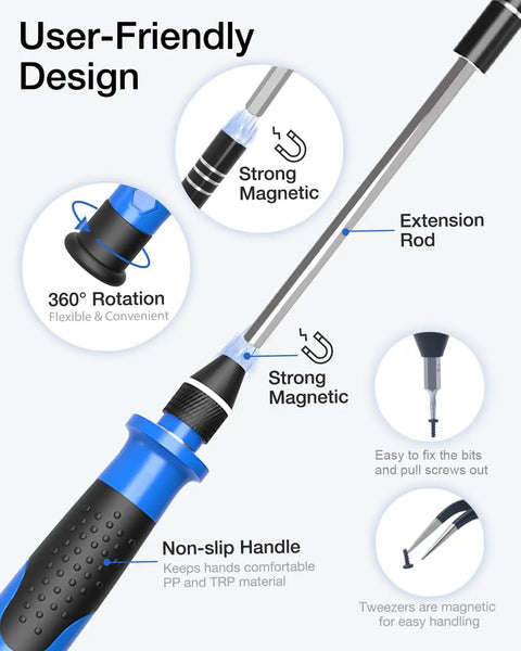 45-In-1 Mini Precision Screwdriver Set with Magnetic Bits showing extension rod and non-slip handle.