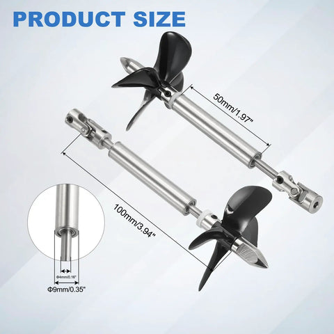 Driveshaft And 4 Blade Stainless Steel Propeller Kit For RC Boats, Universal Joint, 100mm Shaft, 50mm Sleeve, 55mm Propeller Diameter, Fits 3mm Motor Shaft, RC Boat Coupler Assembly, Upgrade And Repair, shown in product dimensions