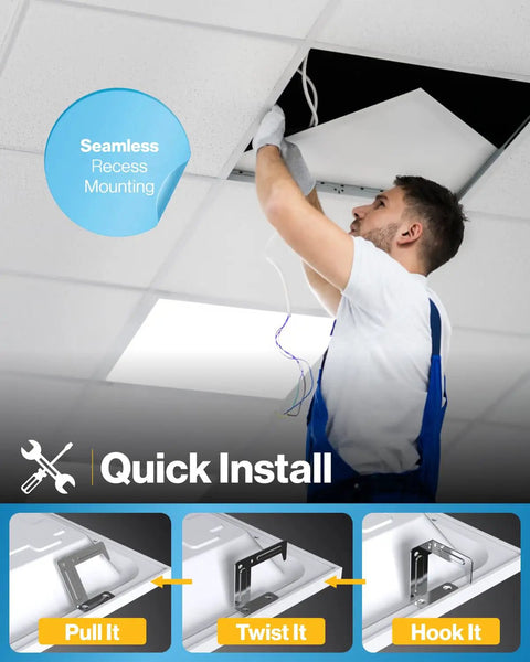 Installation of 4 Pack 2x2 LED Flat Panel Light 5000K Daylight, 40W Dimmable 0 to 10V, in drop ceiling for commercial use.