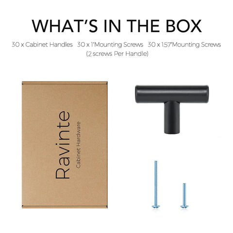 Box contents showing 2 Inch Matte Black Cabinet Handles Set for Kitchen Cabinets and Cupboards, Stainless Steel Pulls, 30 pack