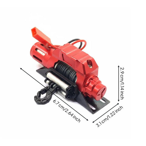 Rock Solid Rc Winch For Crawl Trucks With Smooth Electric Pulling And Heavy Metal Build, red metal winch with steel cable.