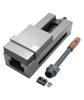 Heavy Duty One Piece CNC Vise And Milling Machine Fixture Providing Rock Solid Clamping Power For Precision Turning And Badass Custom Fabrication Jobs With Angle Lock, showing a steel body with handle and accessories.