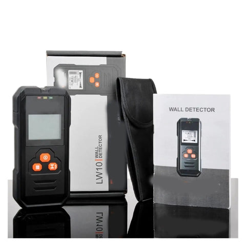 Premium Handheld Wall Scanner And Digital Metal Detector With Bright Lcd Display, featuring device, manual, and carry case.