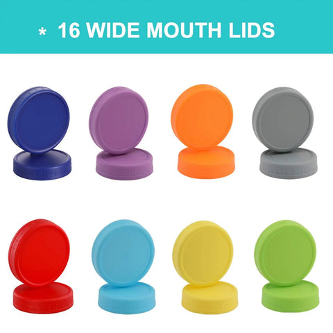 Hella Versatile Wide Mouth Mason Jar Lids 16 Pack Dope Colored Plastic Caps For Ball And Kerr Canning Jars in assorted colors.