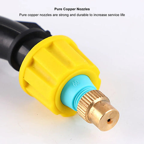 Close-up of pure copper nozzle on Go-To Electric Garden Sprayer For Easy Watering And Dosing with 9.8Ft hose and adjustable spray