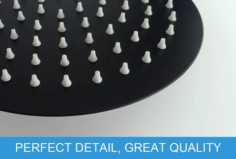 Close-up of nozzles on 8 Inch Matte Black Stainless Steel Rain Shower Head With High Flow Water Pressure Boost Ultra Thin Design Heavy Duty Rainfall Head For A Premium Shower Experience Worth The Hype