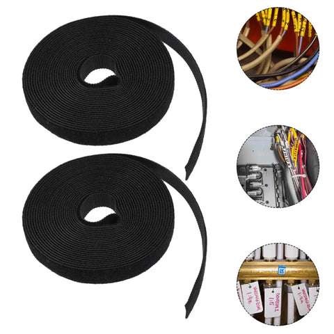 Slick Heavy Duty Black Self Gripping Cord Ties For Reliable Cable Management Reusable Wire Organizers Quick Fix For Messy Desks And Tangled Headphones Two Roll Game Changer Bundle on desk.