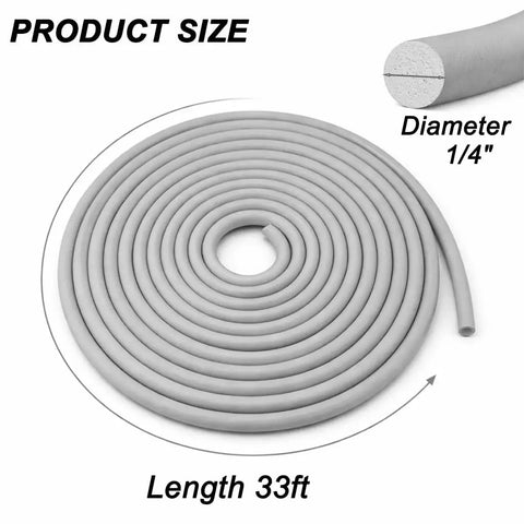 Heavy Duty Quarter Inch Backer Rod EPDM Closed Cell Foam Caulk Saver 33 Foot Coil displayed in a coil with a 1/4 inch diameter.