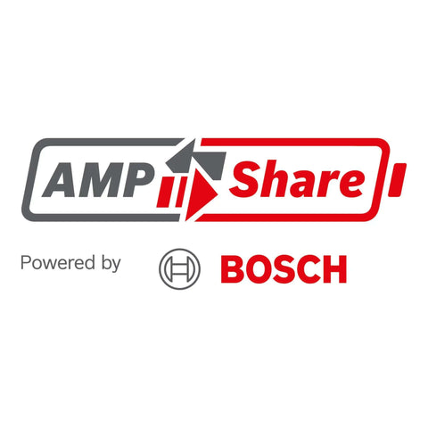 AMP Share logo powered by Bosch, showcasing the brand partnership for battery compatibility with tools.