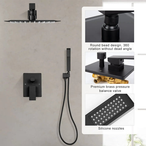 Matte Black Concealed Shower Set With Built-In Pressure Balance Valve, Ultra-Thin 8-Inch Rain Shower Head, Handheld, and Trim Kit