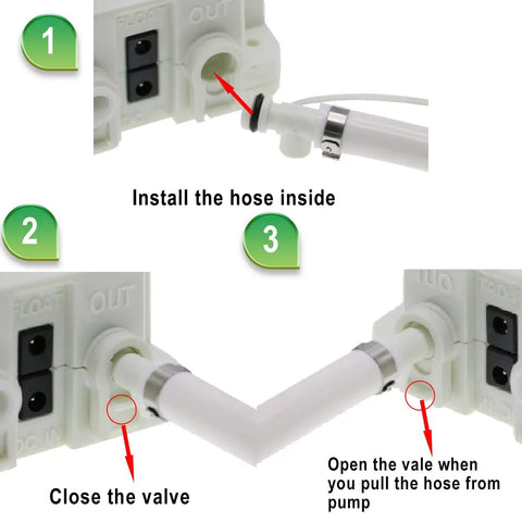 Installation steps for 5 Gallon Bottled Water Pump System with 25W Electric Dispenser showing hose connection and valve operation.