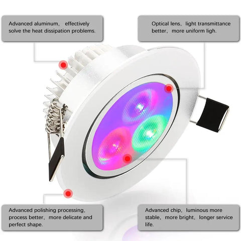 Close-up of 5 Pack 3W LED Recessed RGB Color Changing Downlights, Gimbal Retrofit Ceiling Lights With Remote, showing aluminum body.