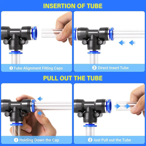 Instructions for using Push To Connect Fittings Kit For Air Tubes One Quarter Inch Three Eighths Inch One Half Inch in pneumatic systems.