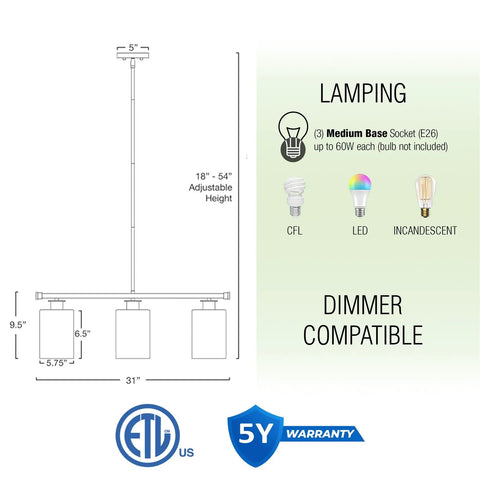Diagram of Three Light Kitchen Island Fixture With Clear Glass Cylinder Shades In Warm Brass Finish showing dimensions and bulb options.