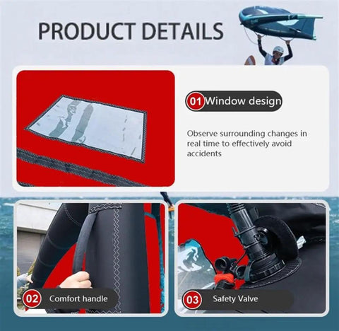 Wind Wing Foil For Surfing and Kitesurfing product details showing window design, comfort handle, and safety valve.