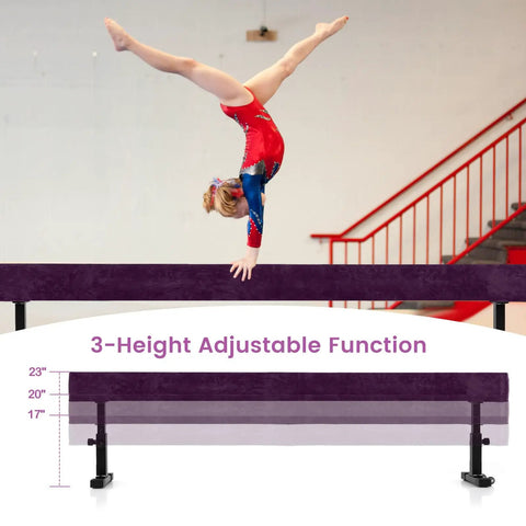 Next Level Gymnastics Training With This Heavy Duty 7.5 Ft Adjustable Balance Beam featuring a gymnast performing on a 3-height adjustable beam.
