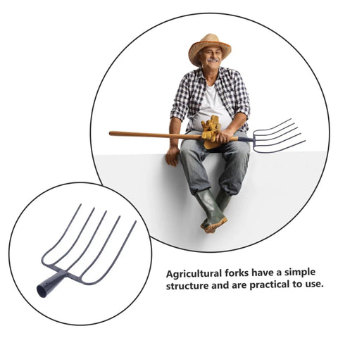 Heavy Duty Iron Manure Fork For Lawn Maintenance And Mulch Clearing Handheld Garden Tool With Five Teeth Design shown with farmer