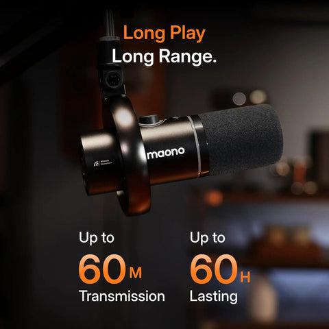 Hybrid Wireless Podcast Microphone With USB And XLR For PC Mac Phone Tablet, showcased with 60m range and 60h battery life features.