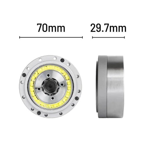 Front and side view of CD20 Harmonic Reducer Gearbox Strain Wave Drive with 70mm diameter and 29.7mm depth for BLDC motors.